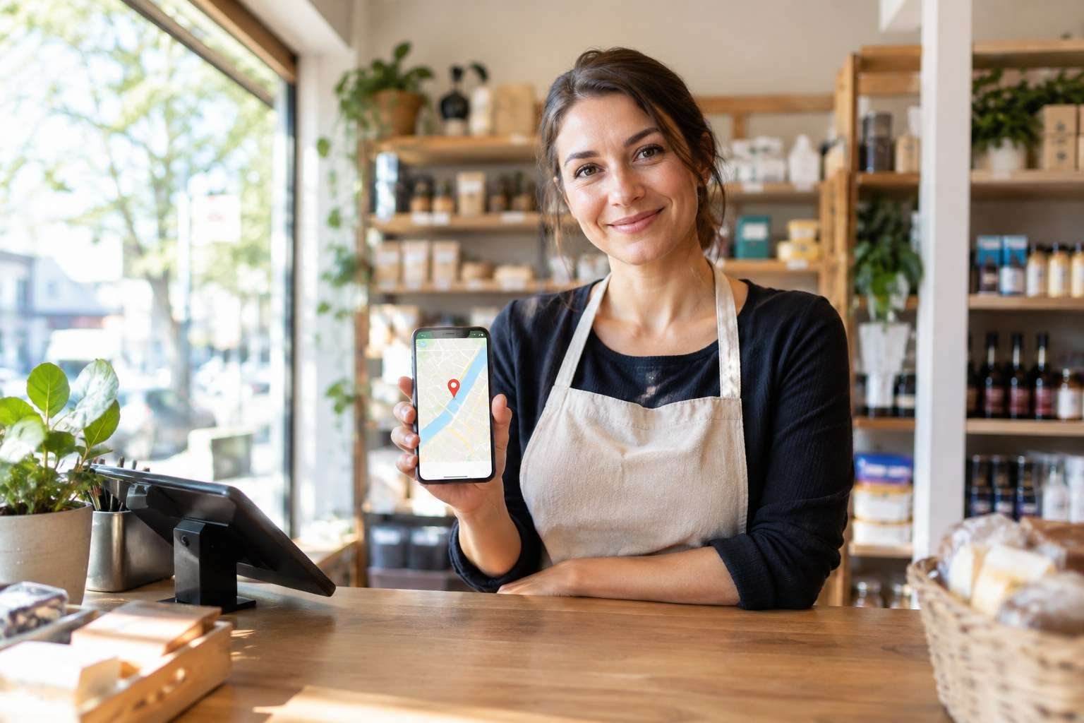 Google Business Profile Optimization: A Step-by-Step Guide for Small Businesses 1 Google Business Profile Optimization: A Step-by-Step Guide for Small Businesses Small business owner in a shop holding a smartphone showing a map location pin